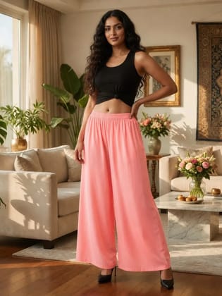 UneR Women's Peach Rayon Palazzo Pants with Pocket | High Waisted Wide Leg Parallel Plazo Trousers