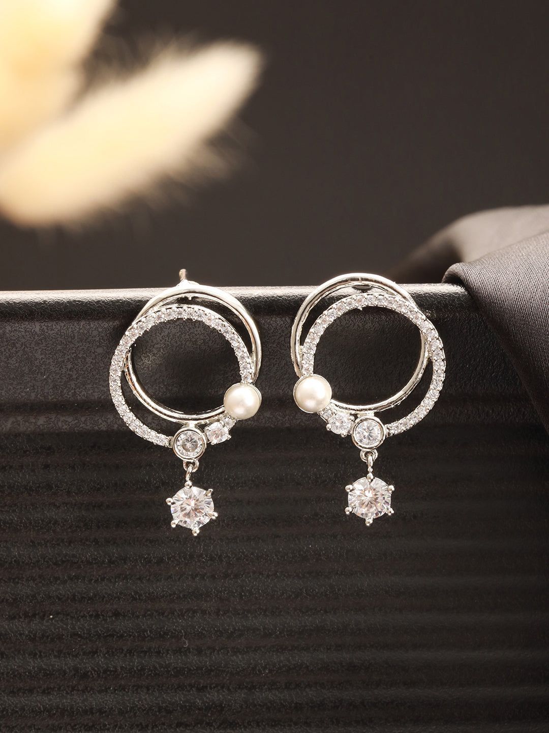 Silver Toned AD Studded Hoop Drop Earrings