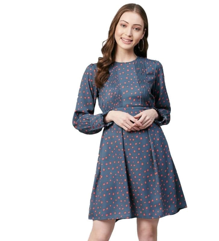 Women's Polyester Polka Long Sleeves Above Knee Dress (Grey - Coral, 2XL)-PID55809