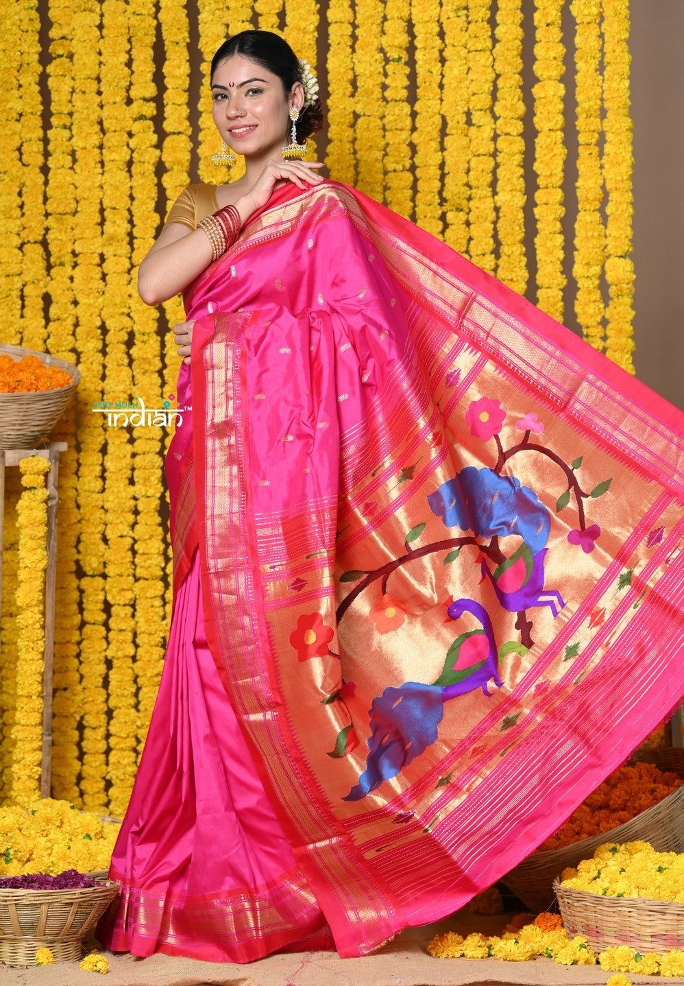 Rajsi~ Handloom Pure Silk Paithani Saree with Handcrafted Peacock Pallu in Pink (By Govt Certified Weavers)