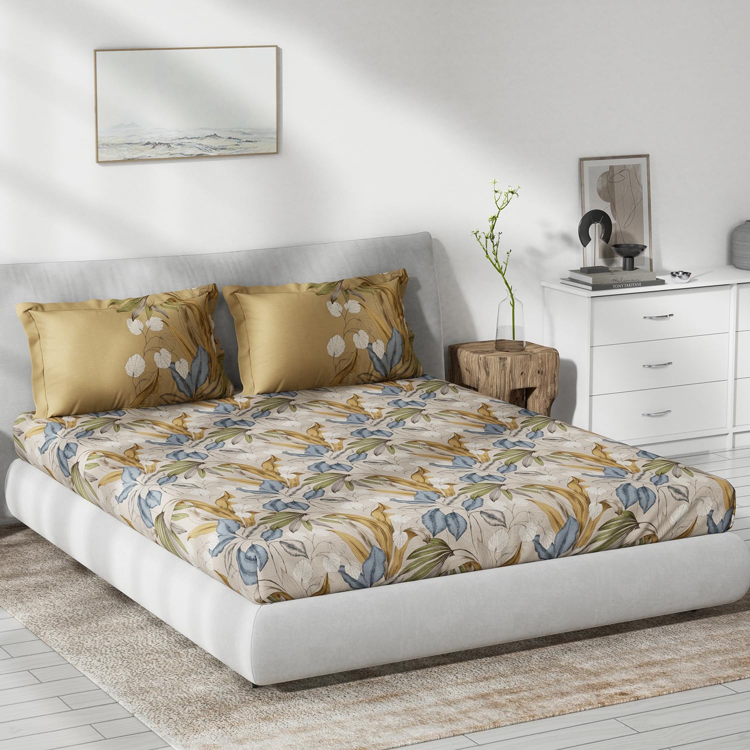 DDecor - Pack of 1 Cotton Lure 145 TC Double Bedsheet with 2 Pillow Covers - Beige
