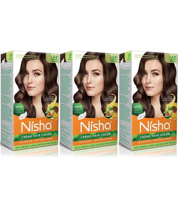 Nisha Creme Hair Color 3.0 Dark Brown 120g Pack of 3, Permanent Hair Colour for Women Men, No Ammonia 100% Grey Coverage