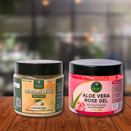 Veora Organics Aloe Vera Rose Gel & Neem Multani Mitti Face Pack Combo | Hydrating Aloe Vera Gel with Purifying Neem Face Mask | Acne Care, Deep Cleansing, Oil Control & Skin Nourishing | Natural Skincare | 200g + 120g