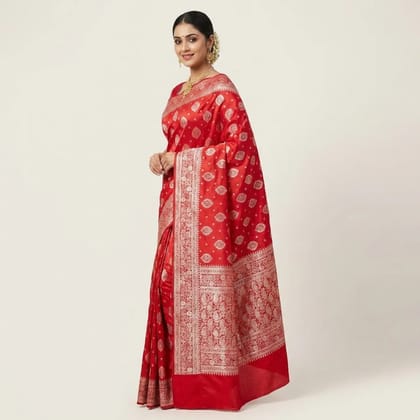 Red Banarasi Satin Gold Zari Paisley Woven Saree For Women Red Banarasi Satin Gold Zari Paisley Woven Saree For Women
