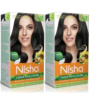 Nisha Creme Hair Color 1.0 Natural Black 120g Pack of 2, Permanent Hair Colour, No Ammonia, 100% Grey Coverage