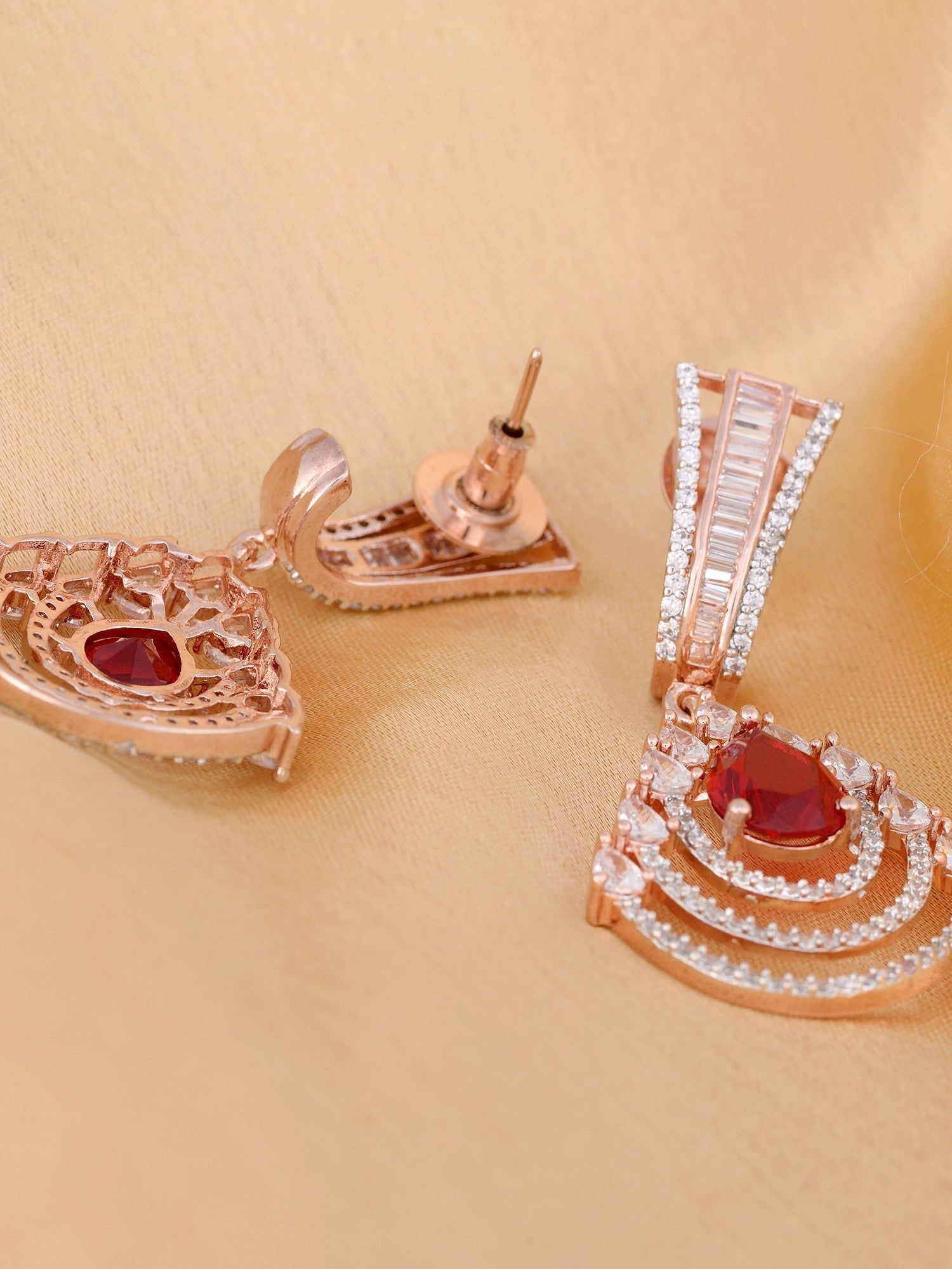 Modern Ruby danglers Red drop earrings AD studded Rose gold plated