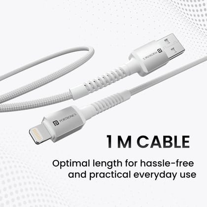 Portronics Konnect X USB-A to 8-Pin Fast Charging Cable | 3A High-Speed Charge & Data Sync Cable | Nylon Braided, Aluminium Alloy Connectors, 1 Meter Durable Cable for iPhone, iPad & 8-Pin Devices (White or Black)