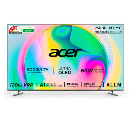 Acer 189 cm (75 inches) Super Series 4K Ultra HD Smart QLED Google TV AR75QDXGU2875AT (Black) 2024 Model Acer 189 cm (75 inches) Super Series 4K Ultra HD Smart QLED Google TV AR75QDXGU2875AT (Black) 2024 Model - Black / 75 inches