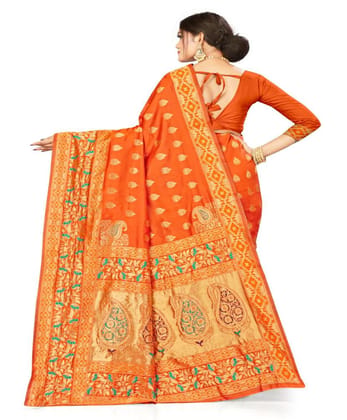 Women's Banarasi Silk Designer Weaving Saree with Unstitched Blouse (Orange, 5.50 Mtrs)