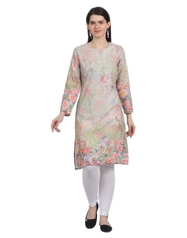 Women's Casual 3/4 Sleeve Silk Blend Printed Kurti (Yellow, L)-PID46394