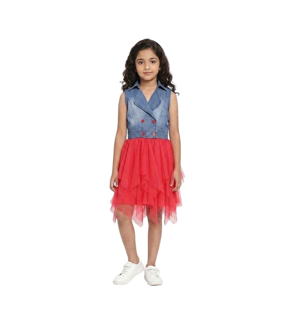 Girl's Denim Roll Up Buttoned Dress (Blue-Red, 3-4-Yrs)-PID66016