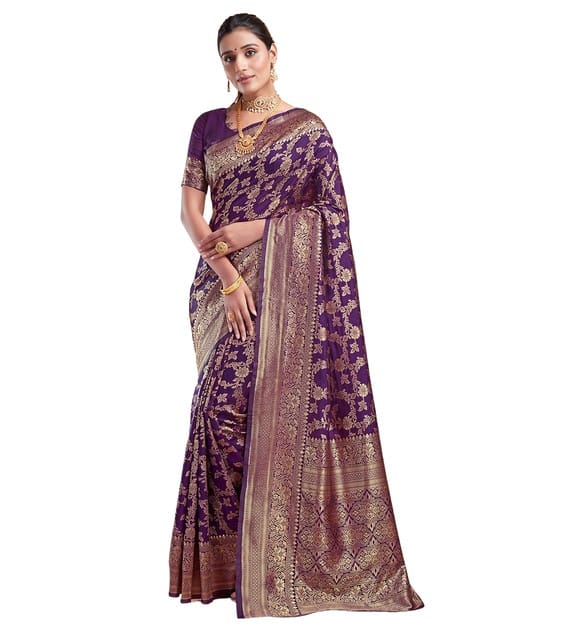Generic Women's Jacquard Printed Saree with Unstitched Blouse Piece, Soft Lightweight 5.5 m Sari for Daily, Office and Wear (Purple, Design 67645)