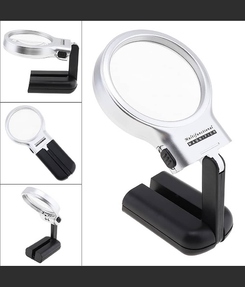 SHB 3X 2.44" Magnifier with 2 Built-in LED Lghts, Adjustable Angle Multifunctional Portable Plastic Optical Magnifying Glass for Reading, Hands Free Magnifying Glass with LED Light Stand