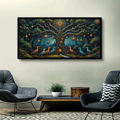 Luminary Celestial Gathering – Mystical Lantern Tree Museum-Quality Cotton Canvas Painting for Lounge Décor | Frame Size (127 X 69 Cm) | Frame Type (Black) | 5-Year Warranty