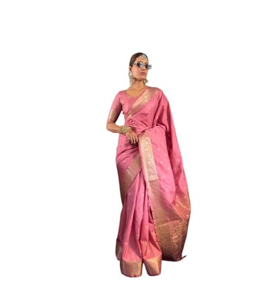 DARSHANS Women's Satin Printed Saree With Unstitched Blouse 5.5Mtr (Pink)-PID65192