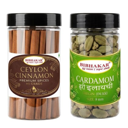 Bibhakar Premium Spices - Ceylon Cinnamon & Idukki Cardamom Combo - 100 gm - Two jars containing cinnamon sticks and whole cardamom pods 50g each Bibhakar Premium Spices - Ceylon Cinnamon & Idukki Cardamom Combo - 100 gm - Two jars containing cinnamon sticks and whole cardamom pods 50g each