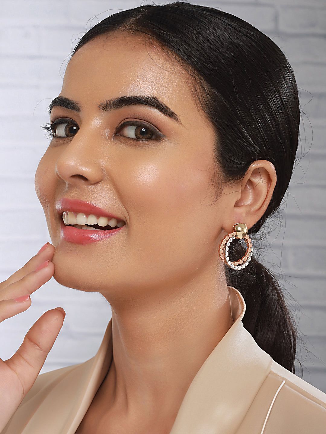 Anti-Tarnish Silver & Rose Plated Hammered Circular Hoop Earrings