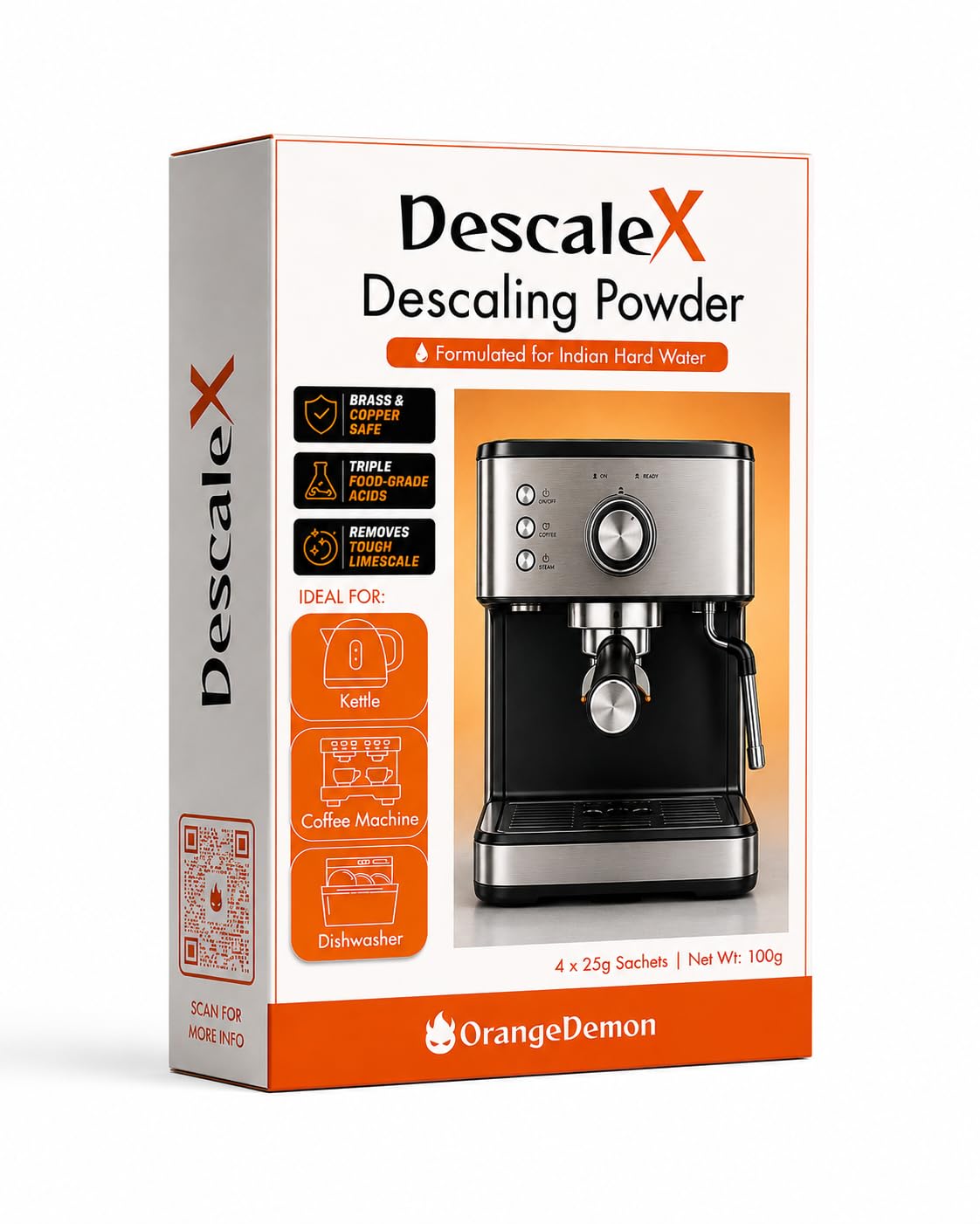 Coffee Machine Descaling Powder | Advanced Triple-Acid Formula for Indian Hard Water | Corrosion inhibitor for extra protection - DescaleX by OrangeDemon