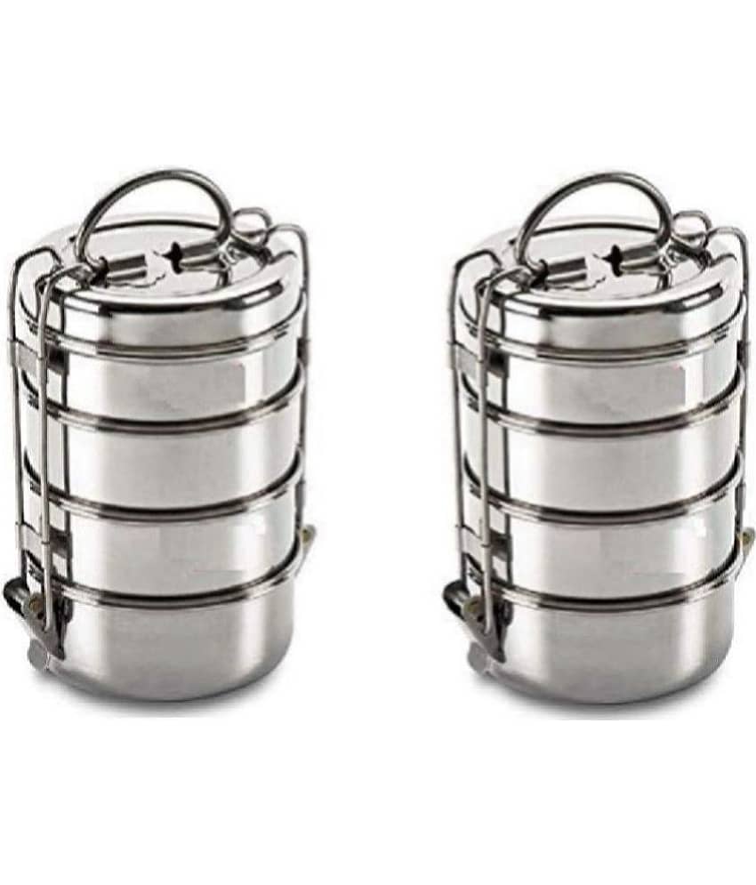 Dynore - Set of 2 Tiffin 8x4 Stainless Steel Lunch Box 4 Container ( Pack of 2 )