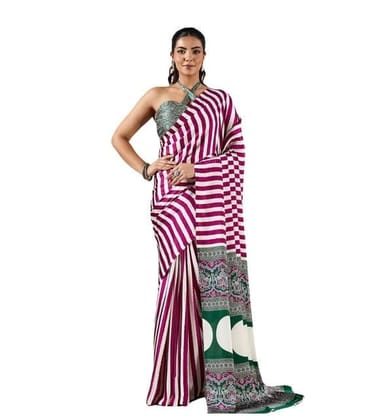 womens satin crepe printed saree with unstitched blouse 5mtr magenta pid65019
