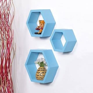 Onlinecracts Room Wall Decor Wooden Wall Shelf (Number Of Shelves - 3, Blue)