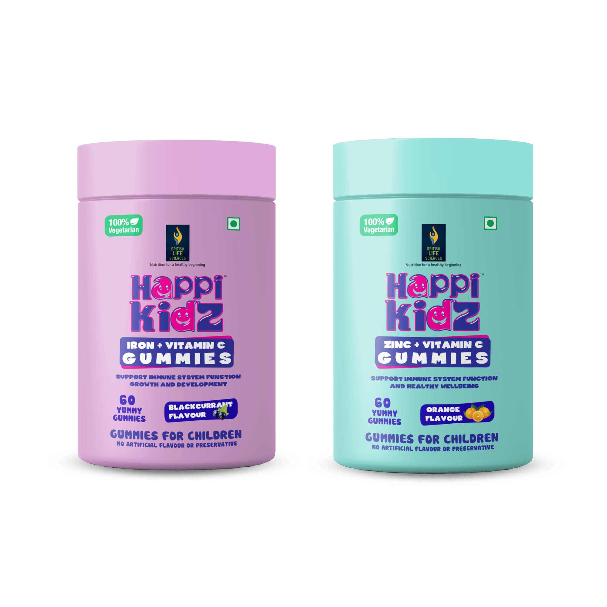 British Life Sciences Happi Kidz Iron + Vitamin C Gummies & Happi Kidz Zinc+Vitamin C Gummies Combo | Natural, Strong Bones, Muscles and Teeth, Boosts Immunity