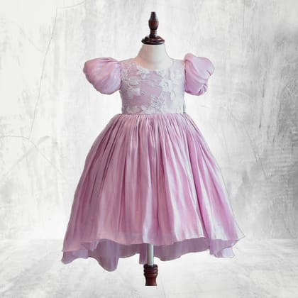 Girls' Puff Sleeve Lace Bodice High-Low Party Dress (Lavender) | Elegant Floral Lace | Festive Occasion