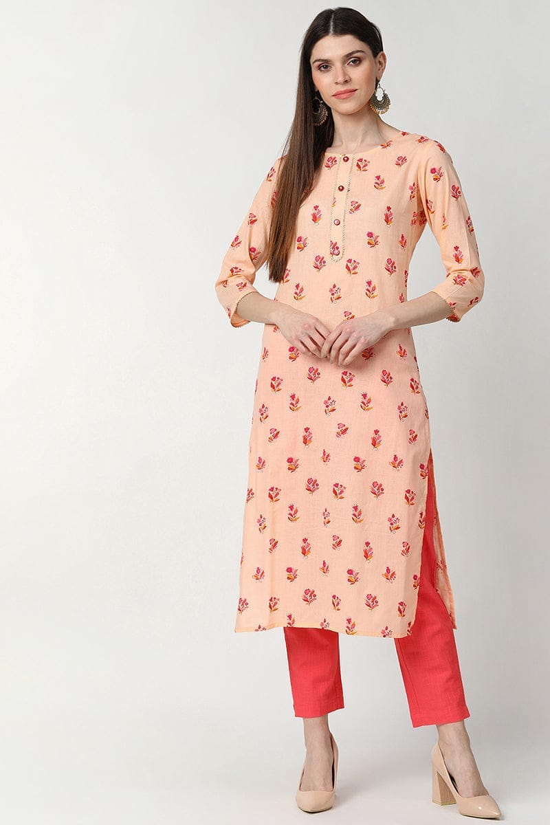 Women Cotton Orange Floral Printed Straight Kurti VCK8304
