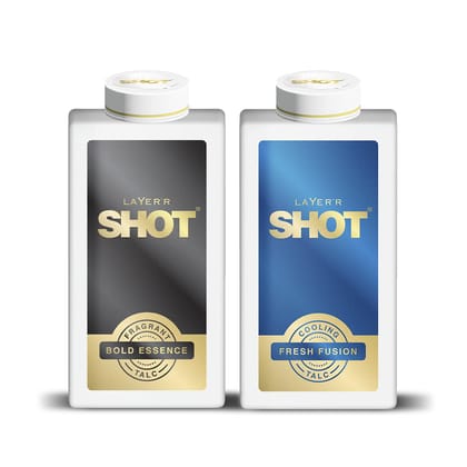 Layer'r Shot Talc Combo For Men - 2 x150g | Bold Essence Fragrant & Fresh Fusion Cooling Talc | Odor Control & Long-Lasting Fragrance | Invigorating Scent for a Luxurious Summer Feel | Perfect For Office, Parties & Dates | Gift For Men