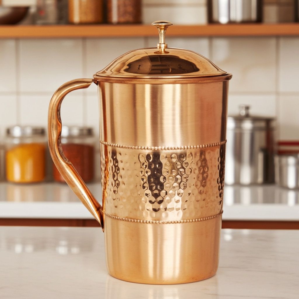 Pure Copper Water Jug � 1.6 Liter| Ayurvedic Drinkware for Kitchen & Dining, Height : 8.5 Inch (BCMAS120 B)