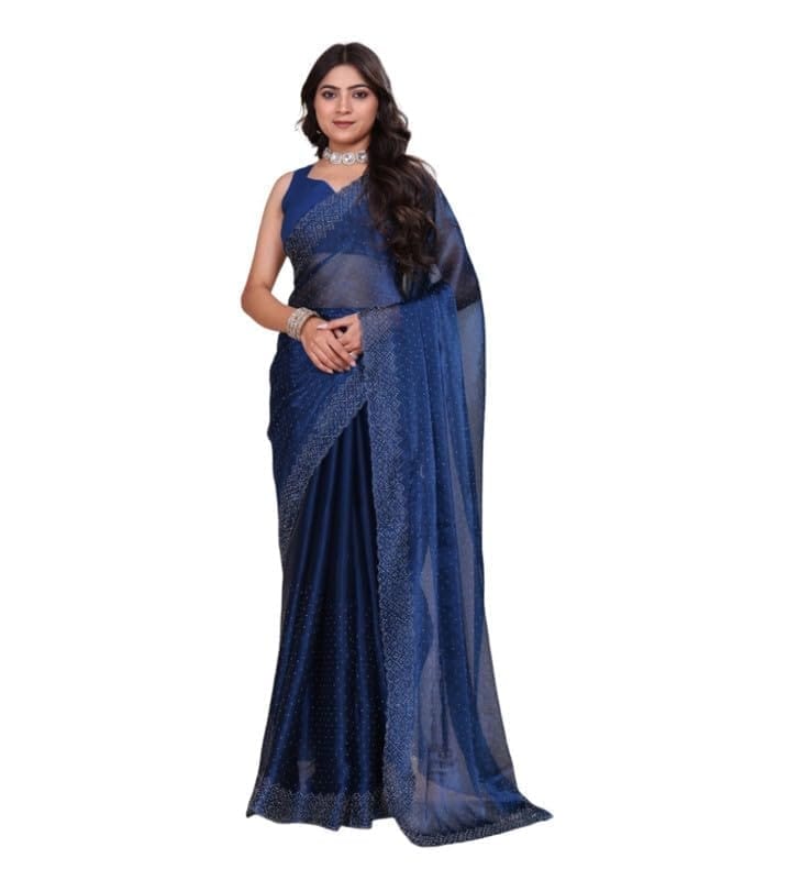 Women's Poly Silk Embellished Bollywood Saree With Unstitched Blouse 5.5Mtr (Blue)-PID62024