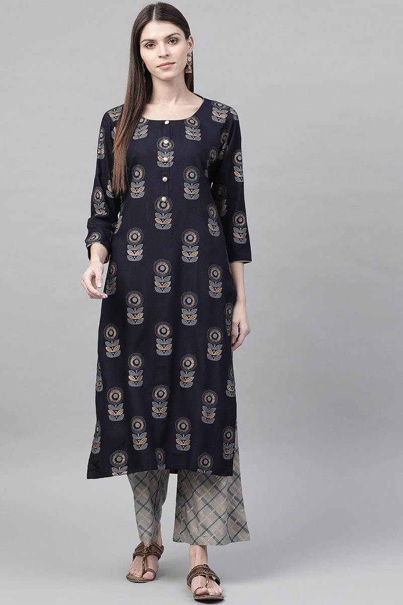 Navy Blue Pure Cotton Ethnic Motifs Kurta Set VKSET1009