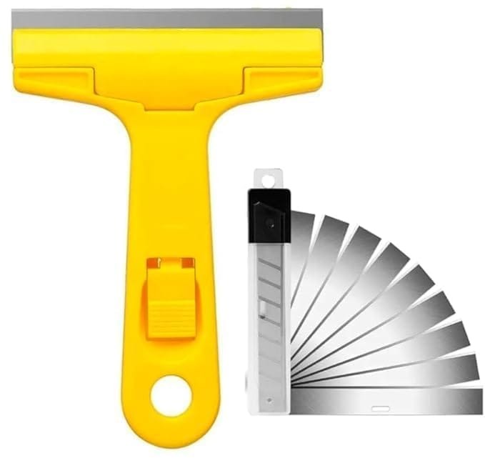 Professional Glass & Tile Scraper with 10 Extra Blades – Heavy-Duty Razor Cleaning Tool for Removing Gum, Sticker, Paint, Dirt & Debris from Windows, Mirrors, Tiles and Stoves