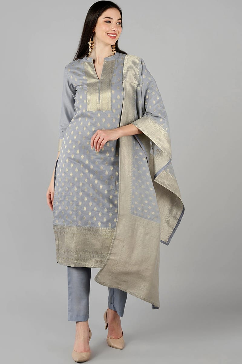 Grey Poly Chanderi Straight Kurta Pant With Dupatta PKSKD1128