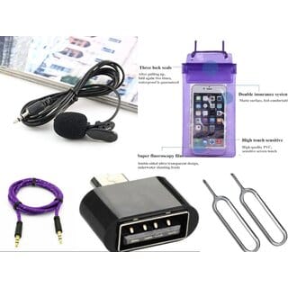 Combo of Collar Mic Waterproof Mobile Pouch Aux Cable OTG And 2 SIM Ejector Pin by Lazywindow