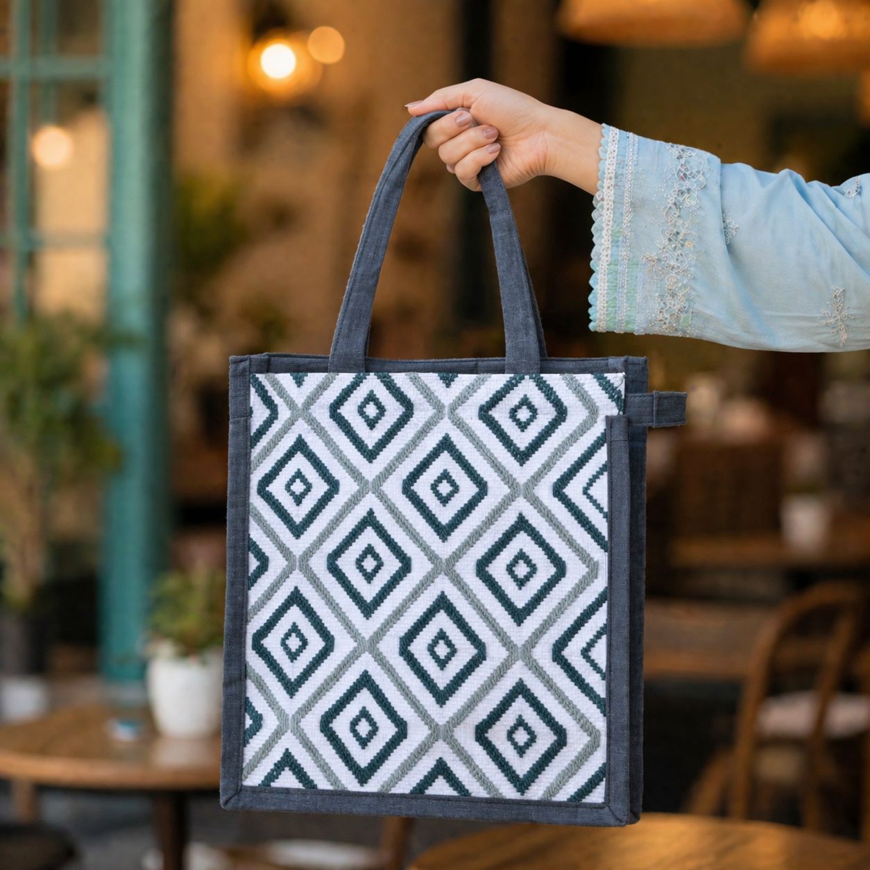 Handwoven Taat Fabric Lunch Tote Bag with Zip & Compartments