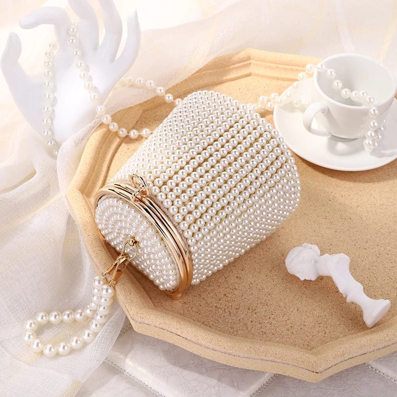 Factory Wholesale Round Barrel Lovely Fashion Elegant High-grade Lady Pearl Hand Beaded Evening Party Clutch Bag