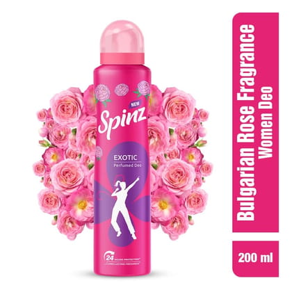 Spinz Exotic Perfumed Deo for Women, with Bulgarian Rose Fragrance for Long Lasting Freshness and 24 Hours Protection, 200ml A long-lasting perfume deo for women 24-Hour Sweat and Body Odour Protection (Pack of 2) Spinz Exotic Perfumed Deo for Women, with Bulgarian Rose Fragrance for Long Lasting Freshness and 24 Hours Protection, 200ml A long-lasting perfume deo for women 24-Hour Sweat and Body Odour Protection (Pack of 2)
