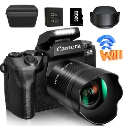 Saneen Digital Camera, 4K Cameras for Photography and Video, 64MP WiFi Touchscreen, Vlogging Camera for YouTube with Flash, 32GB Card, Sunshade, 3000mAh Battery, Front Cameras 4K & 64MP-Black