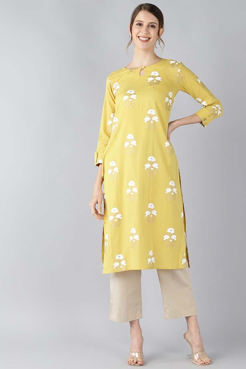 Yellow Color Function Wear Cotton Fabric Printed Fancy Kurti VCK1191