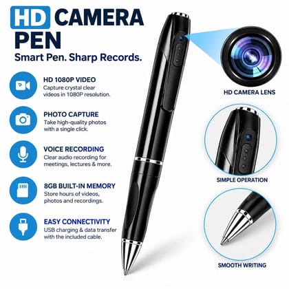 Camera Pen 1080P Video Recording Pen with Photo Capture, Voice Recorder, 8GB Built-in Memory & USB Charging Black