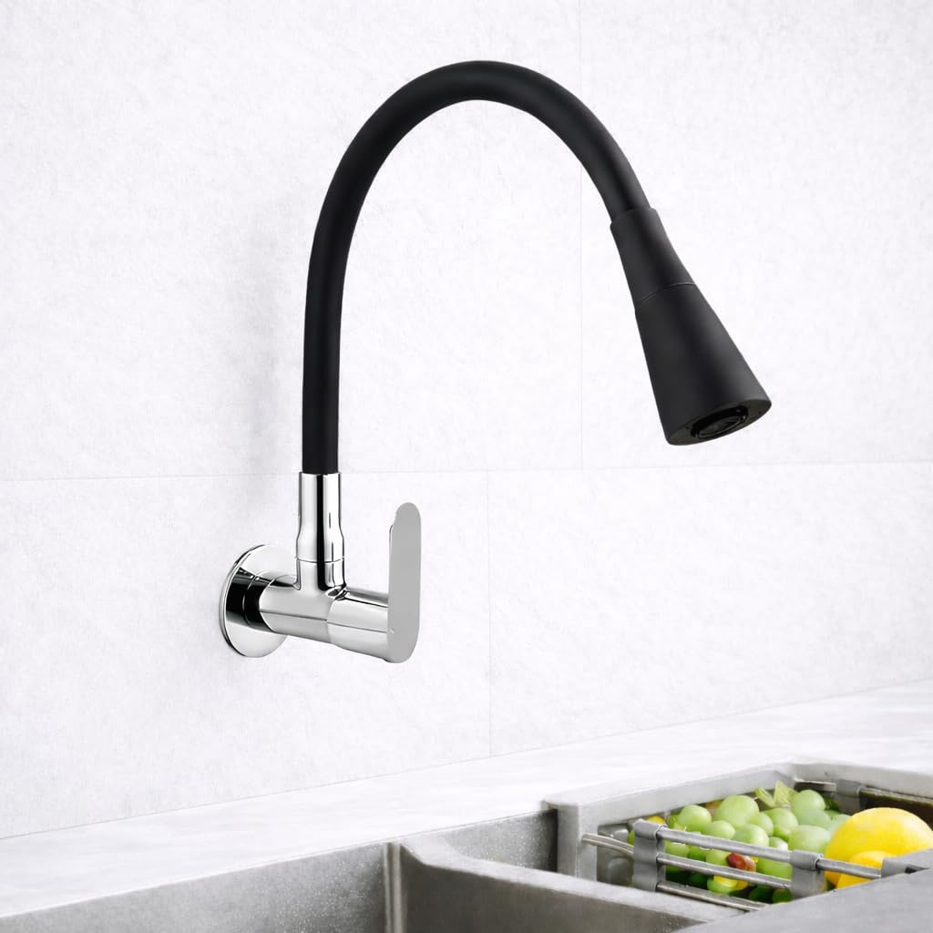 Sink Cock Grey Kitchen Faucet with Silicone Flexible Spout | Wall-Mount Brass Tap with Foam Flow Function & 360° Rotatable Design (Black)