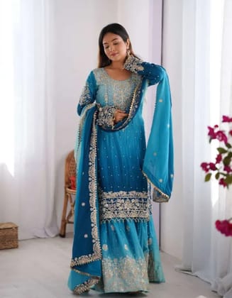 Womens Chinon Silk Sequence With Rivet Moti Work Straight Kurta With Sharara and Dupatta Set Womens Chinon Silk Sequence With Rivet Moti Work Straight Kurta With Sharara and Dupatta Set