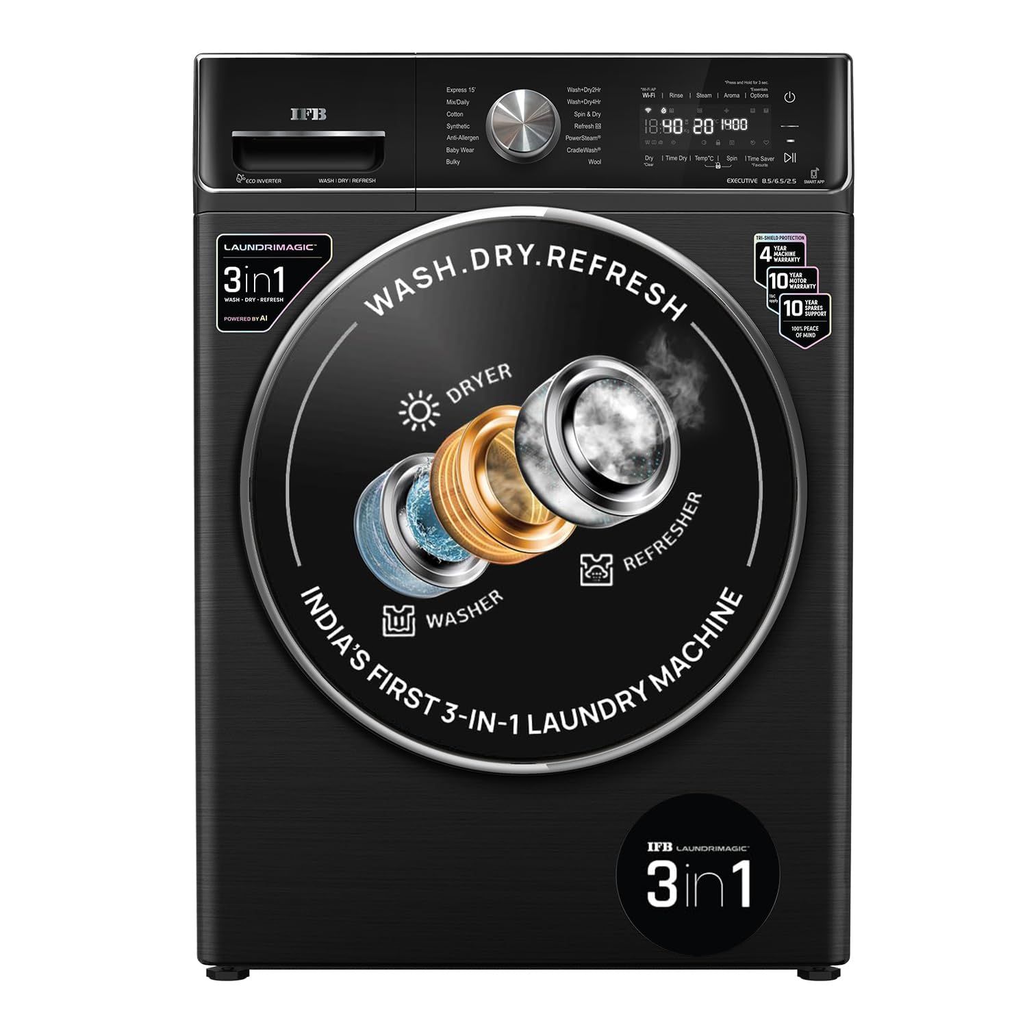 IFB 8.5 Kg / 6.5 Kg / 2.5 Kg 5 Star, Front Load 3-In-1, AI Powered, Fully Automatic Washer Dryer Refresh (2023 Model, Laundrimagic, Executive ZXB, 9 Swirl Wash, Eco Inverter Technology, Black) IFB 8.5 Kg / 6.5 Kg / 2.5 Kg 5 Star, Front Load 3-In-1, AI Po