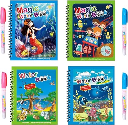 LA'FORTE Reusable Magic Water Quick Dry Color Book with Magic Color Pen (Set of 4 Pcs)