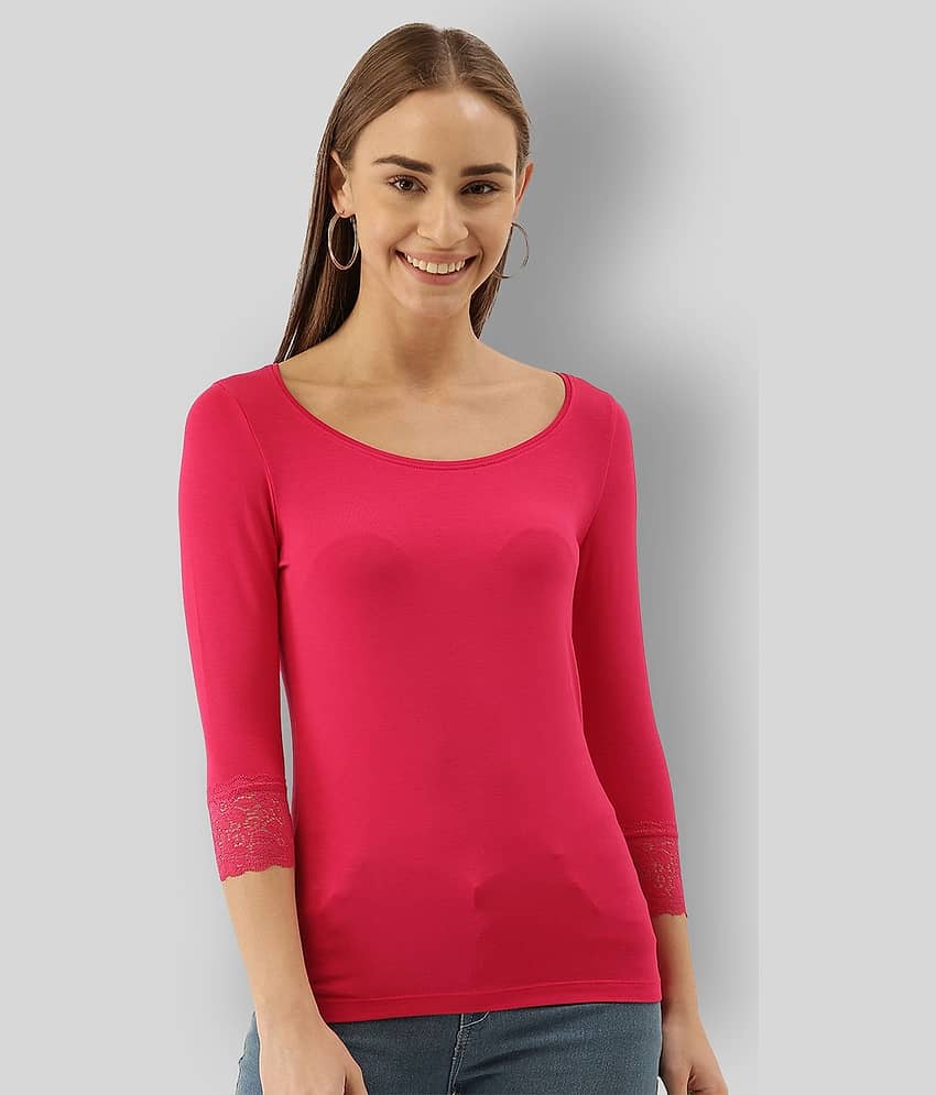 Zebu Women Viscose Solid Slim Fit Round Neck T-Shirt ( Pink )