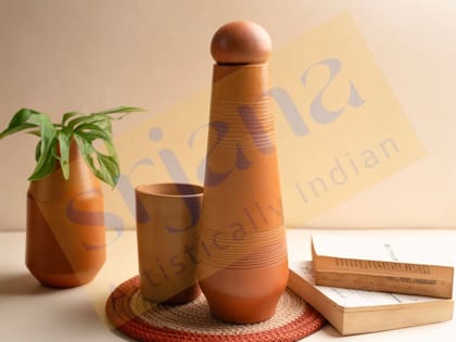 Srjana Handicraft Terracotta Bottle with Lid and Tumbler Set of 2