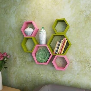 Onlinecraft Wooden Wall Shelf Wooden Wall Shelf (Number Of Shelves - 6, Green, Pink)