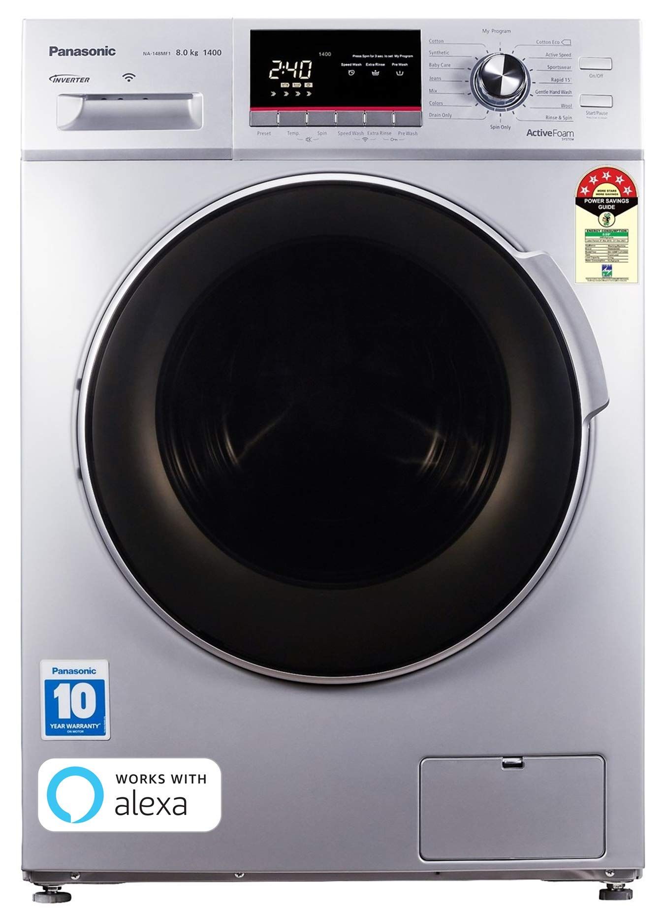 Panasonic NA-148MF1L01 8Kg Wi-Fi Enabled Inverter Front Load Fully-Automatic Washing Machine, Silver Panasonic NA-148MF1L01 8Kg Wi-Fi Enabled Inverter Front Load Fully-Automatic Washing Machine, Silver - silver / 8 Kg