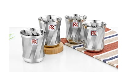 RK Stainless Steel DUMROO SALAI 7 Drinking Glasses | 300 ml Unbreakable Glass Set with Glossy Finish Design & Dishwasher Safe, Set of 4
